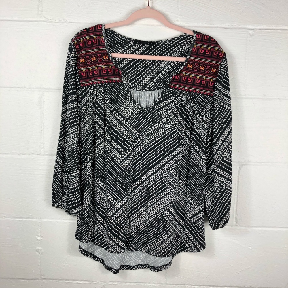Women's Black and White Patterned Top with Embroidered Red Accents